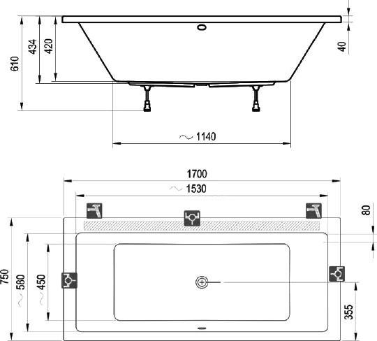акриловая ванна ravak formy 01 170x75 c691000000