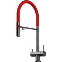 Смеситель Omoikiri Kanto-PVD-GM 4994013 для кухни с подключением к фильтру, с гибким изливом, цвет вороненая сталь / красный