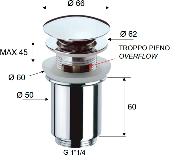 донный клапан remer 905cc114 для раковины, с переливом, хром