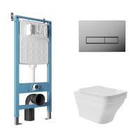 Комплект Aqueduto AQDS163: инсталляция Tecnica Novo, кнопка Retangulo - хром, унитаз Esteta безободковый, сиденье с микролифтом, белый глянцевый