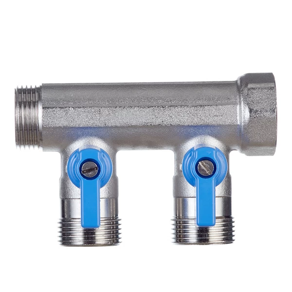 коллектор henco 3/4 вр(г) х 2 выхода 3/4 нр(ш) ек х 3/4 нр(ш) с шаровыми кранами, vb050502-blauw