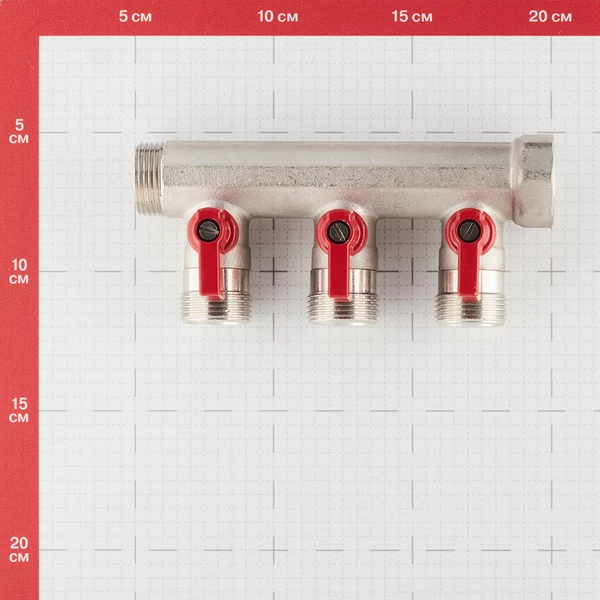 коллектор henco 3/4 вр(г) х 3 выхода 3/4 нр(ш) ек х 3/4 нр(ш) с шаровыми кранами, vb050503-rood