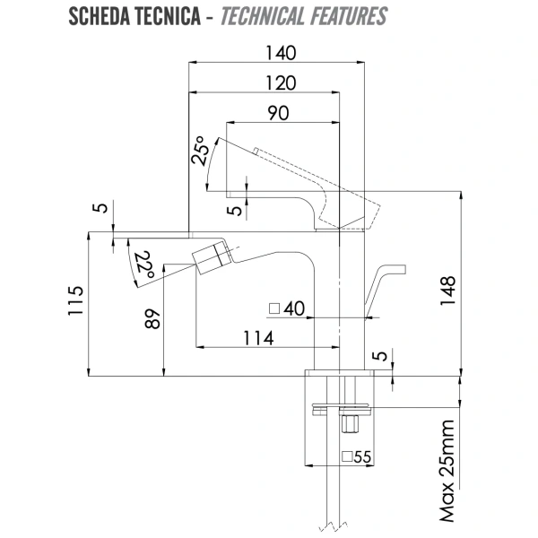 смеситель remer absolute au20xv для биде, с донным клапаном, нержавеющая сталь