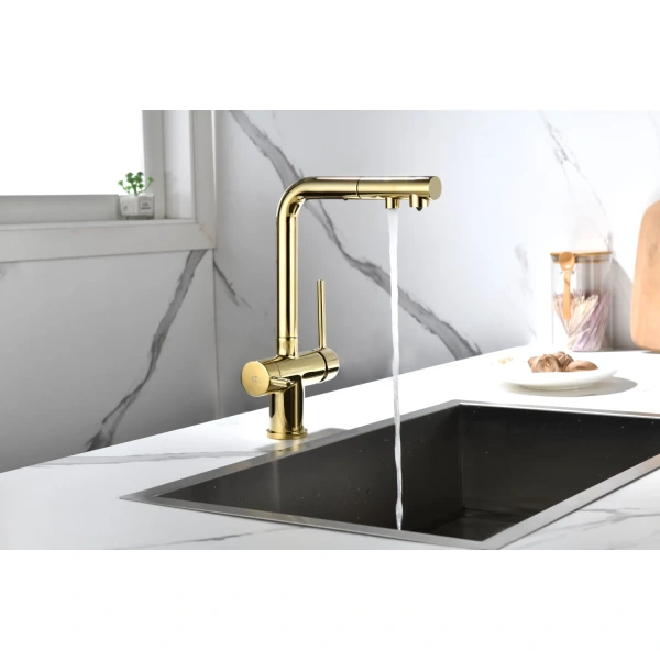 смеситель для кухни с подключением к фильтру paulmark serpentine se213222-g, цвет золото
