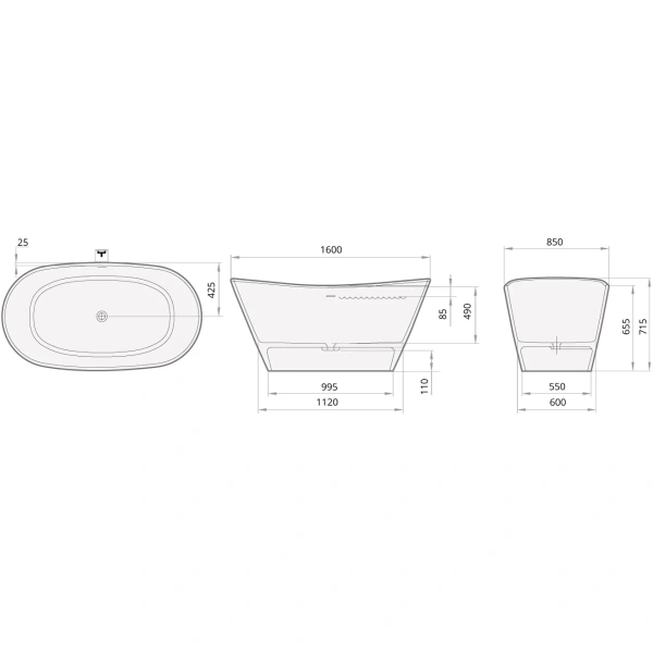 ванна из искусственного камня paa amore graphite vaams/01 160x85 см