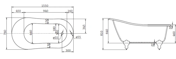 акриловая ванна belbagno bb06-1550 155x76 белая