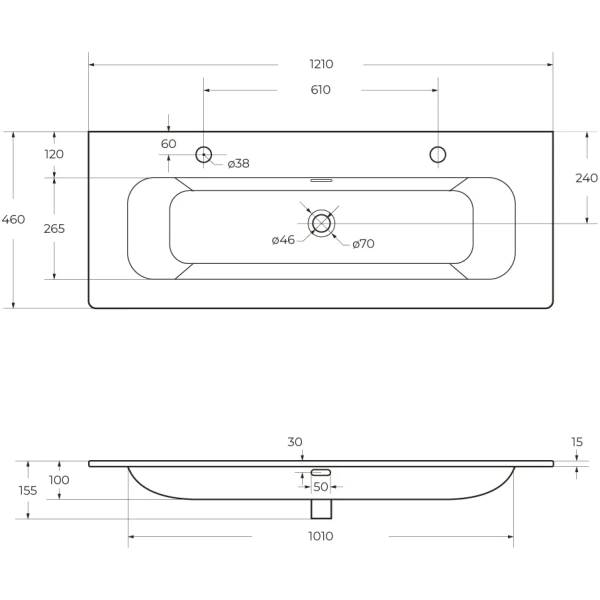 раковина cezares eco czr-8073-120-1-2 121x46 см, накладная, белый