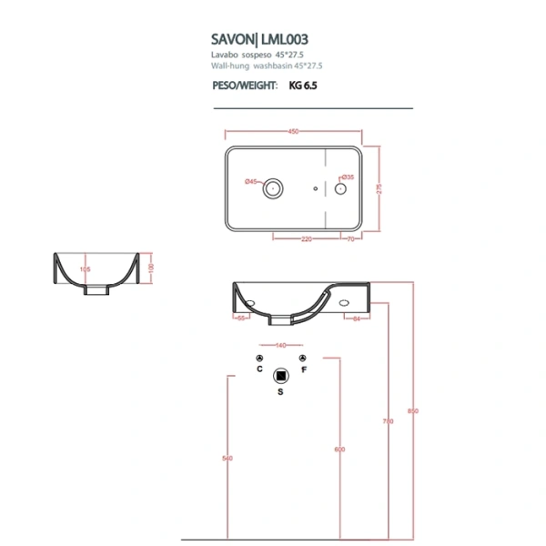 раковина подвесная 45 см artceram savon lml003 01;00 27х45 см, белая