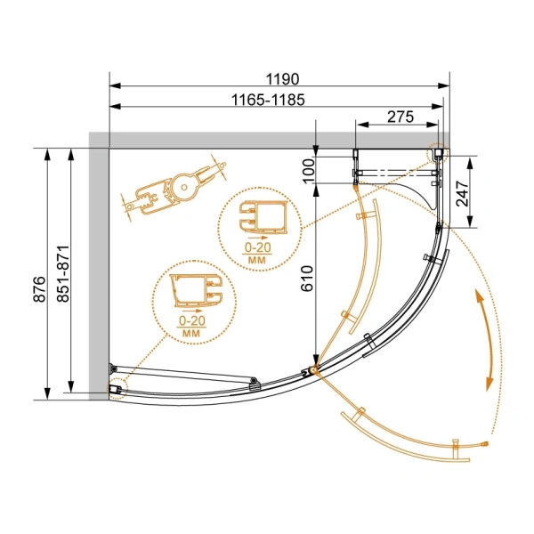 душевой уголок cezares elena 120x90 r elena-w-rh-1-120/90-c-cr-r профиль хром стекло прозрачное