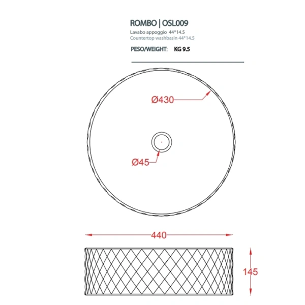 artceram rombo раковина накладная,ø44,5хh14,5см, без отв под смеситель, без перелива, цвет: bianco/rosso