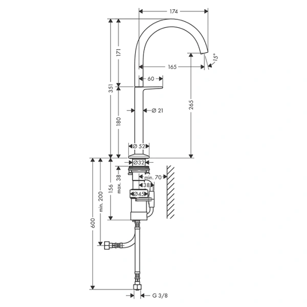 смеситель для раковины axor one sel 260 48030800, на 1 отв., высокий, со сливом push-open, сталь