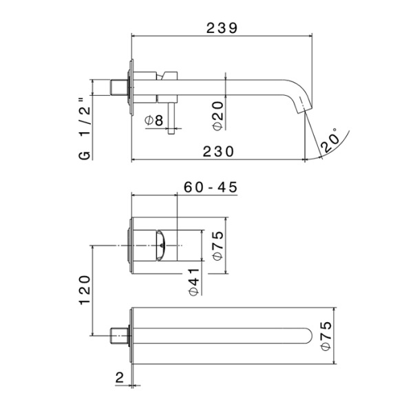 смеситель newform x-steel 316 69630ex.50.050 для раковины, встраиваемый, без донного клапана, излив 23.9 см, наружная часть, inox