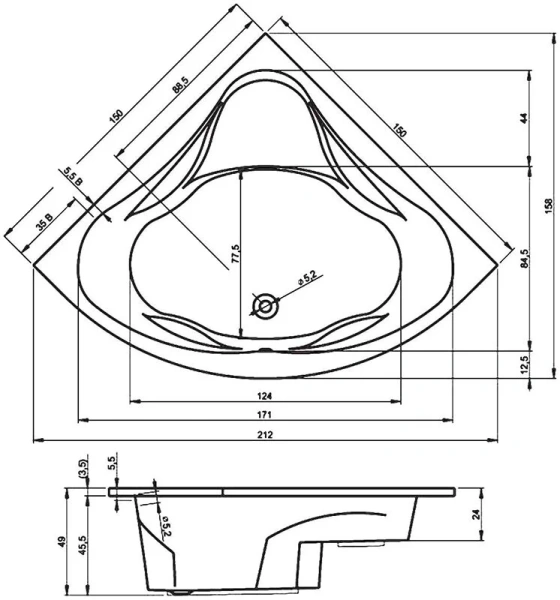 акриловая ванна riho neo 150x150 b077001005 (bc3500500000000) без гидромассажа