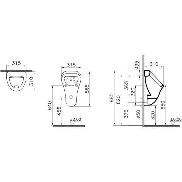 писсуар подвесной vitra arkitekt 6201b003-0199, с внутренним подводом воды