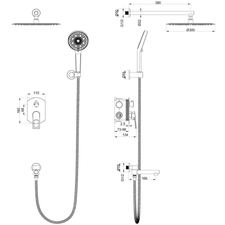душевой комплект wonzon & woghand ww-88939010-cr 300 мм, со смесителем, хром