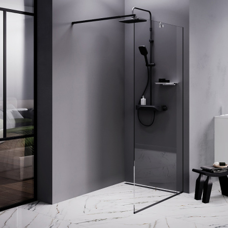душевая стенка am.pm func w84wi-110-f1-bte, 110 см, со свободным входом, профиль черный, стекло прозрачное