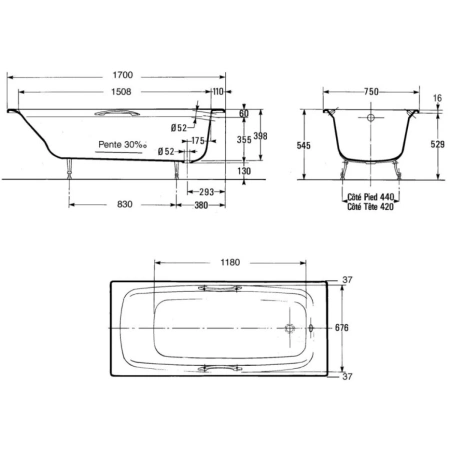 чугунная ванна jacob delafon diapason e2926-00 (gm), 170x75 см