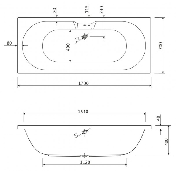 акриловая ванна cezares calisto 170x70 calisto-170-70-45-w37 без гидромассажа