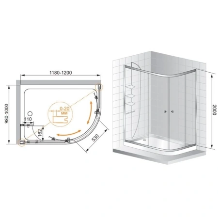 душевой уголок cezares anima 120x100 r anima-w-rh-2-120/100-c-cr-r профиль хром стекло прозрачное