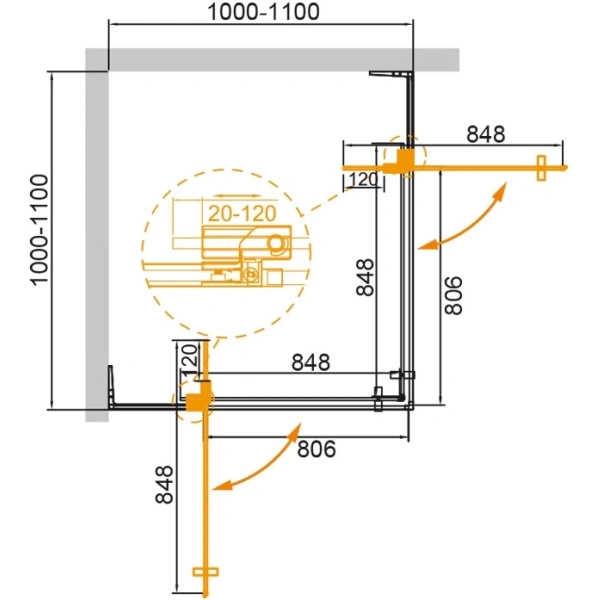 душевой уголок 100-110x100-110 см cezares slider-a-2-100/110-br-cr бронза