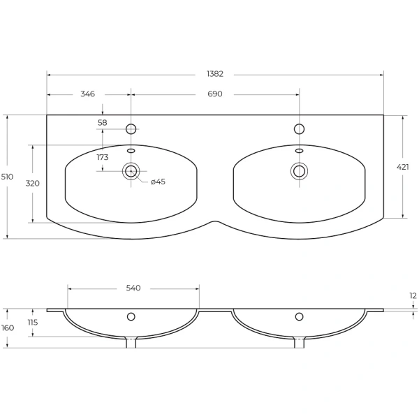 раковина накладная 138,2x51 cezares vague 50156, двойная, белая.