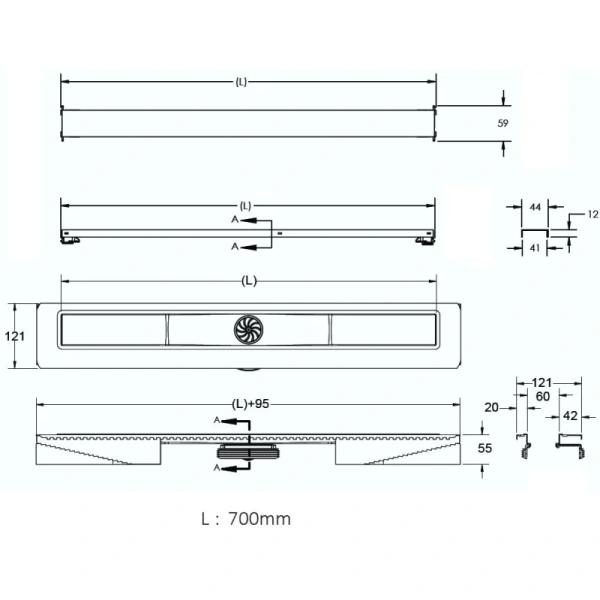 душевой лоток berges c1 norma 700 090038 с решеткой хром матовый