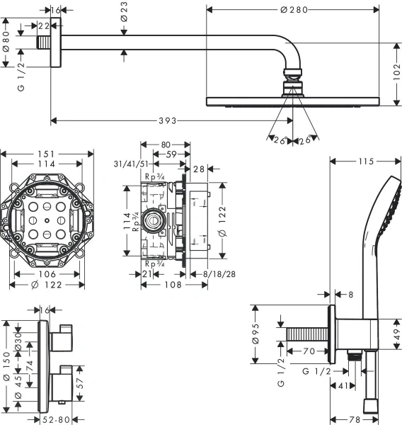 душевой комплект hansgrohe croma 280 ecostat s 1jet 27954000