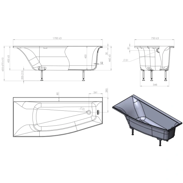 ванна из искусственного камня astra form скат 170х75 l 01010014 без гидромассажа