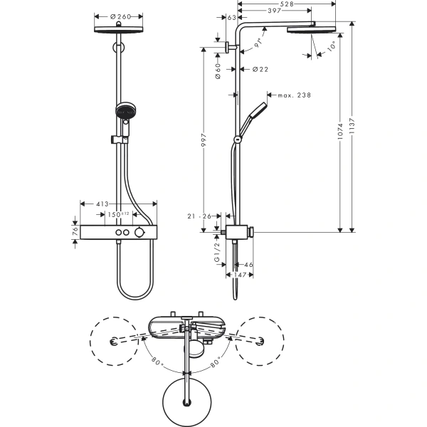 душевая система hansgrohe pulsify showerpipe 260 1jet ecosmart 24221000