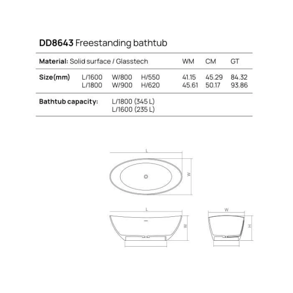 ванна dea design elegant dd8643 1600 r3 отдельностоящая, glasstech, прозрачная смола, 160x80x55см., emerald r3