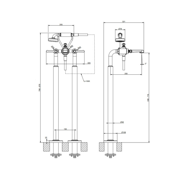 смеситель для ванны напольный gessi venti20 65128#710, цвет: brass pvd