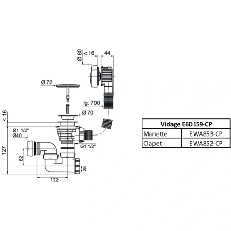 слив-перелив для ванны jacob delafon e6d159-cp, 70 см