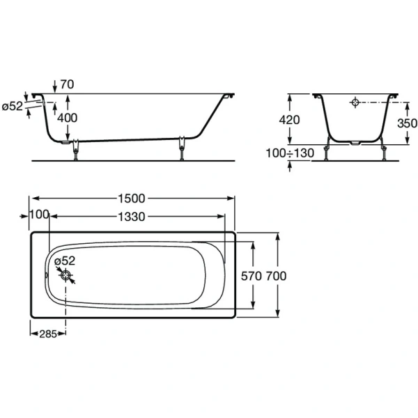 ванна чугунная roca continental 21290300r 150x70 см, белый
