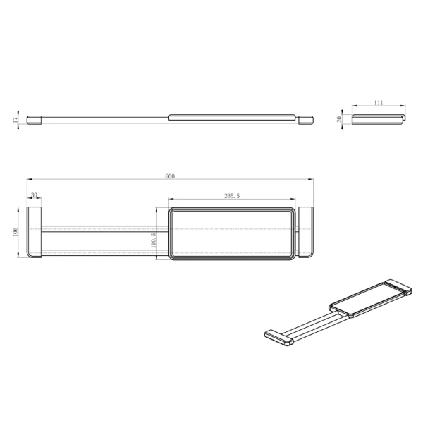 Полка стеклянная с полотенцедержателем Wonzon & Woghand WW-V3701-MB 60 см, черный матовый