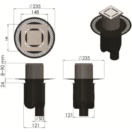 душевой трап berges platz norma 150x150 091059 с решеткой хром