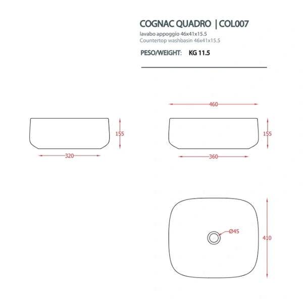 раковина artceram cognac quadro col007 36 00 накладная, без отв., без перелива, на столешницу, saniglaze, 46x41xh15.5 см, notte