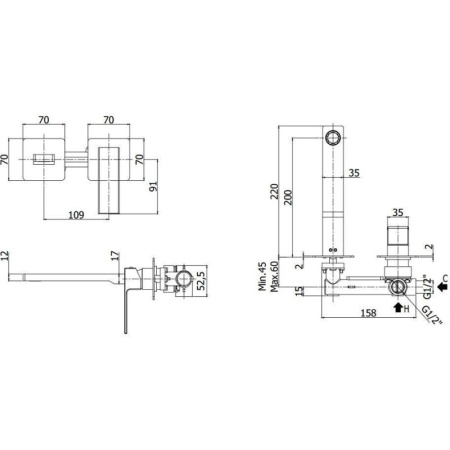 смеситель paffoni elle el105no70 для раковины, без донного клапана, встраиваемый, с внутренней частью, излив 22 см, черный матовый