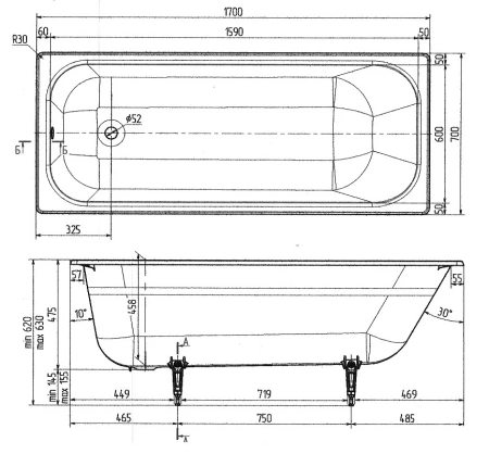 чугунная ванна wotte start 1700x700ur c отверстиями для ручек, без антискользящего покрытия