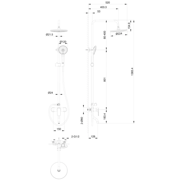 душевая система wonzon & woghand line ww-ae3354-mb 224 мм, со смесителем, черный матовый