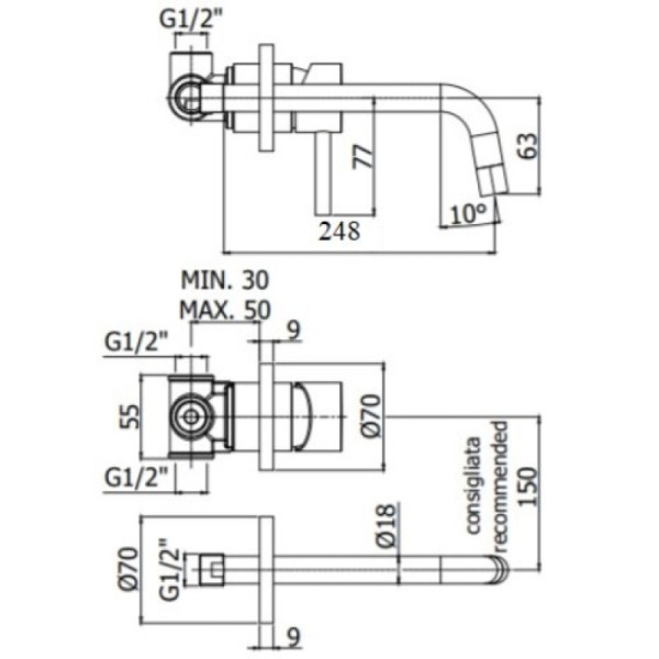 смеситель paffoni light lig007st70 для раковины, без донного клапана, встраиваемый, с внутренней частью, излив 24.8 см, нержавеющая сталь