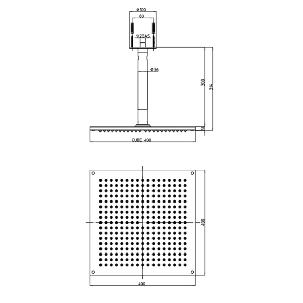 верхний душ 400 x 400 мм bossini dream-cube h35363.030 1 режим - держателем вертикальным 300 x ø 36 мм, цвет: хром