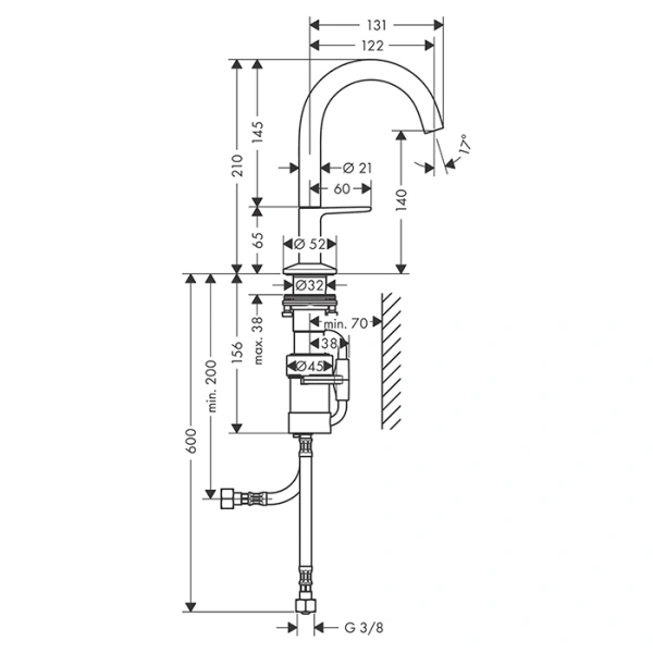 смеситель для раковины axor one sel 140 48010800, на 1 отв., со сливом push-open, сталь