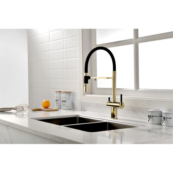 смеситель для кухни с подключением к фильтру paulmark gravity gr213188-g золото/ черный