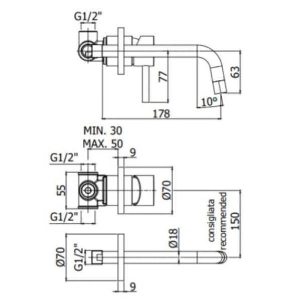 смеситель paffoni light lig006st70 для раковины, без донного клапана, встраиваемый, с внутренней частью, излив 17.8 см, нержавеющая сталь