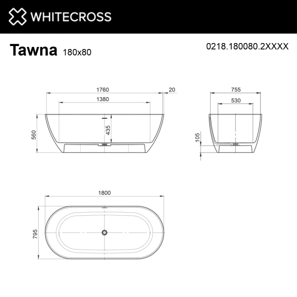 ванна whitecross tawna 0218.180080.2xxxx отдельностоящая, композит, 180x80 см, перелив по центру, по ral