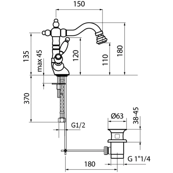 смеситель webert alexandra al710402010 для биде, с донным клапаном, золотой