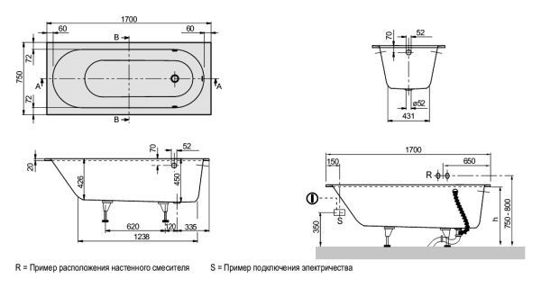 квариловая ванна villeroy & boch oberon ubq160obe2v-rw 160x75 см, встраиваемая, цвет белый камень, на ножках