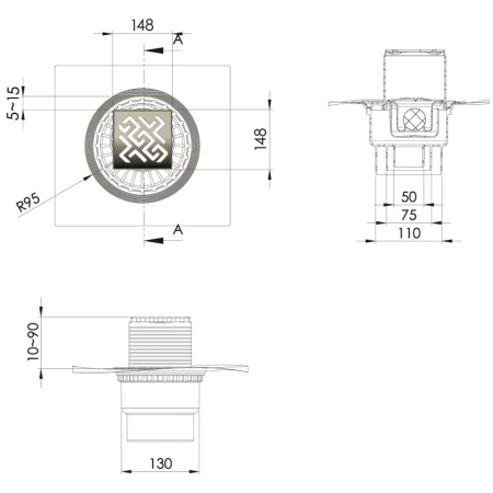 душевой трап berges zentrum antik 150x150 091465 с решеткой хром