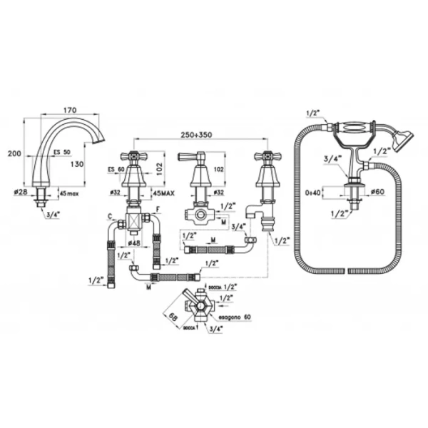 смеситель stella eccelsa ec 02314 au00 на борт ванны, на 5 отверстий, цвет золото