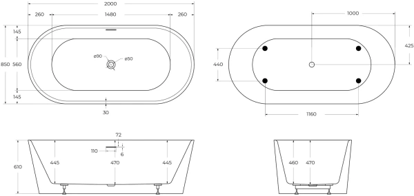 акриловая ванна belbagno 200x85 bb416-2000-850 без гидромассажа